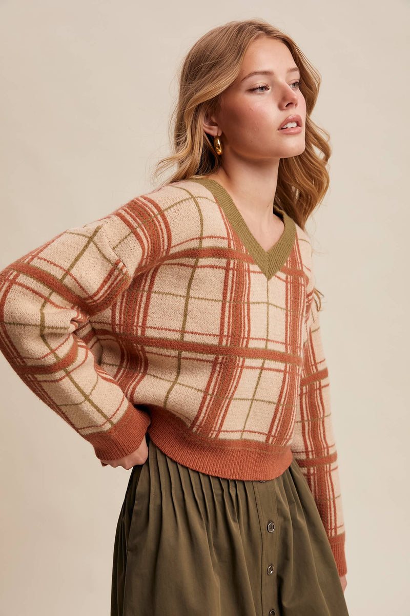 Plaid V-Neck Knit Sweater