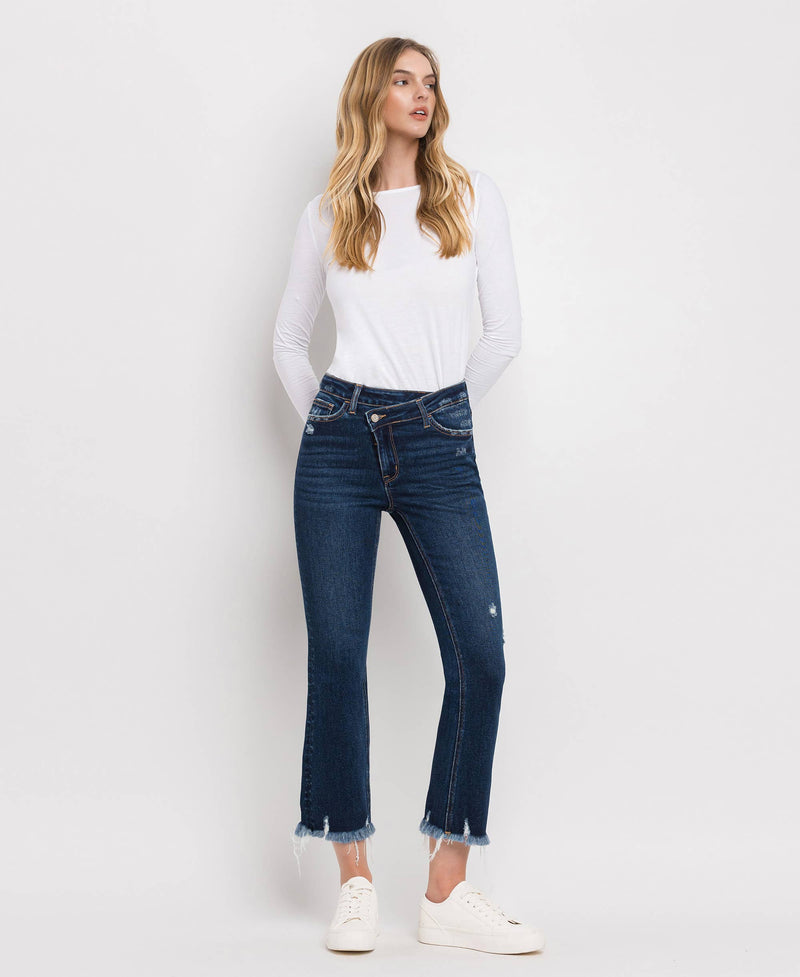 HIGH RISE CROSSOVER WAISTBAND KICK FLARE JEANS