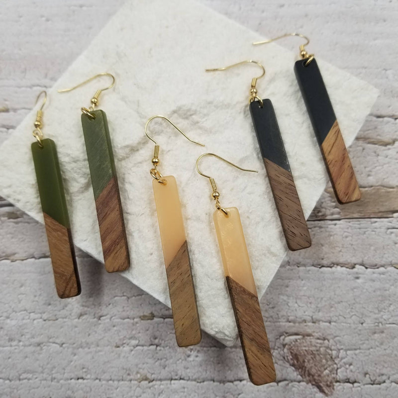 Stick Resin & Wood Drop Earrings