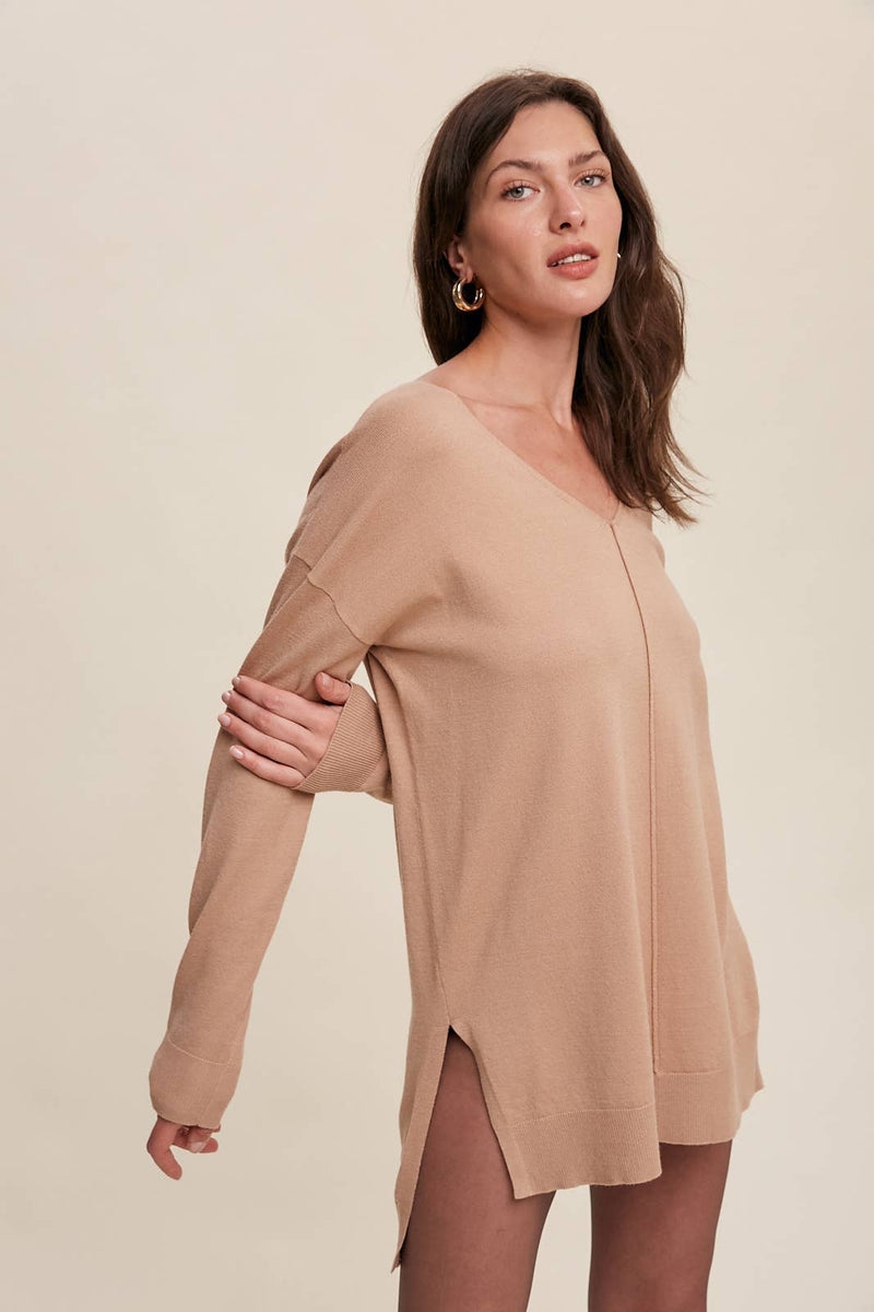Slit Hem V-Neck Knit Tunic Sweater