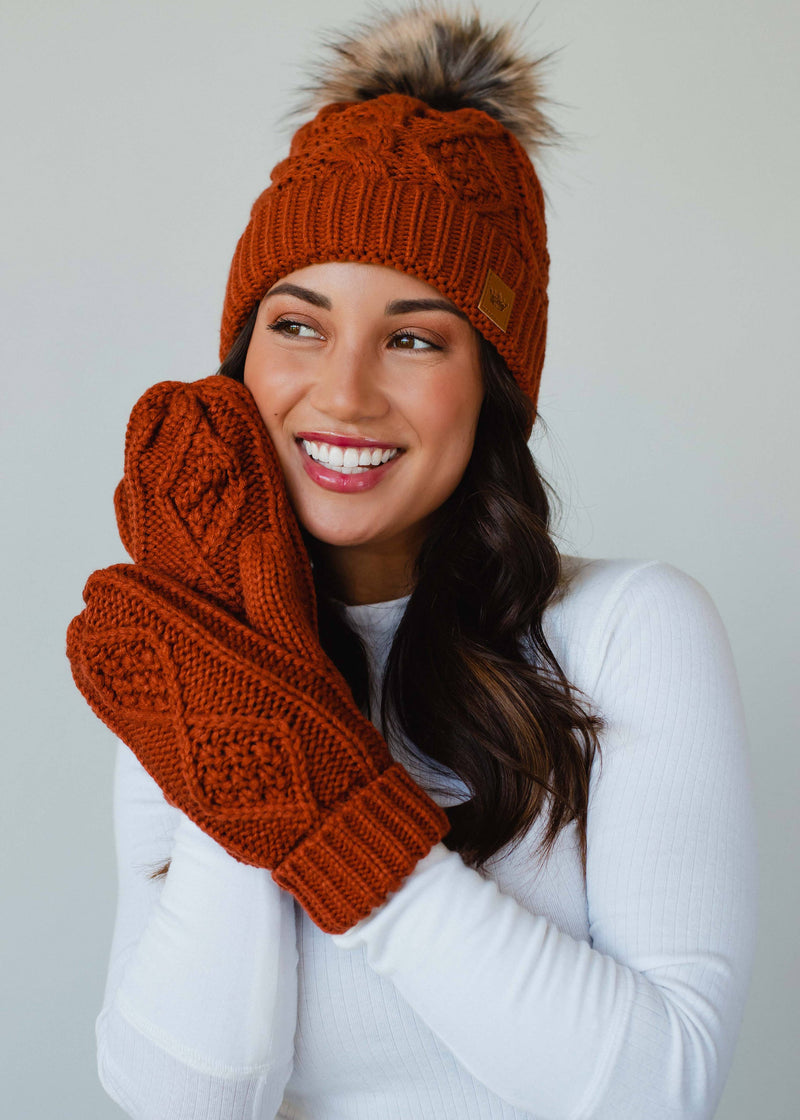 Rust Cable Knit Pom Hat