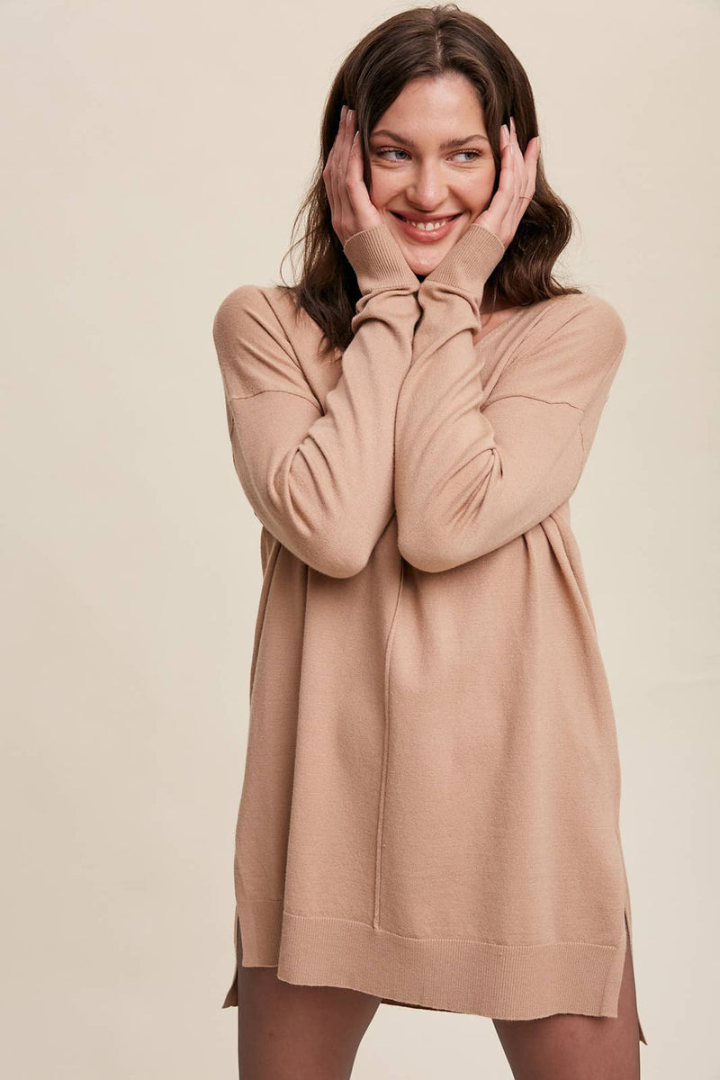 Slit Hem V-Neck Knit Tunic Sweater