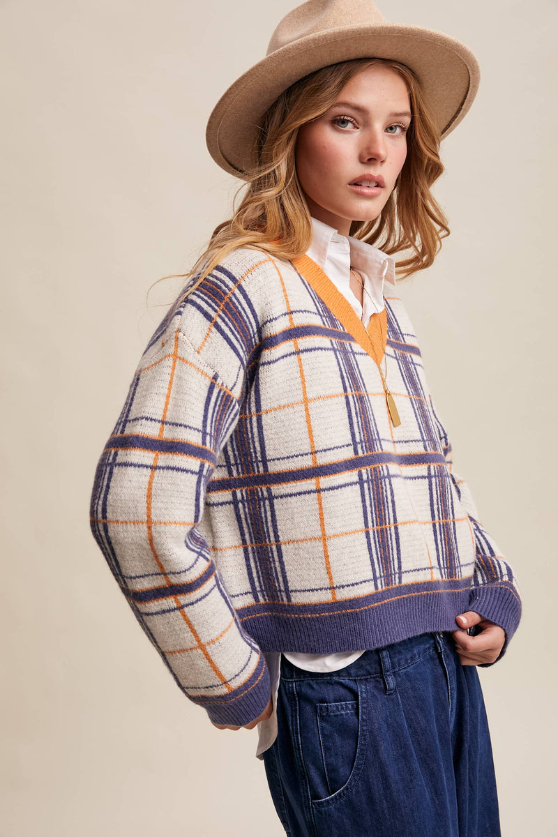 Plaid V-Neck Knit Sweater