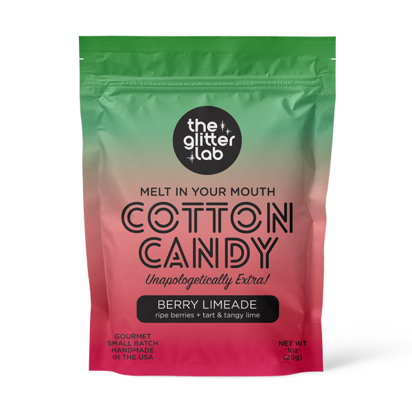 Cotton candy package with gradient green to pink color scheme and 'The Glitter Lab' branding.