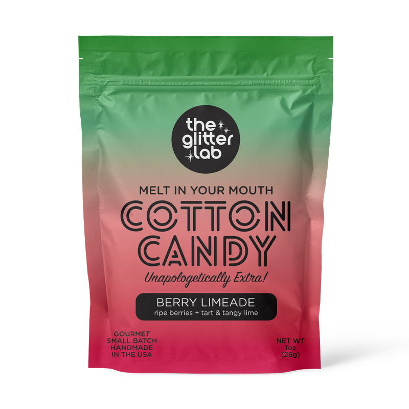 Cotton candy package with gradient green to pink color scheme and 'The Glitter Lab' branding.