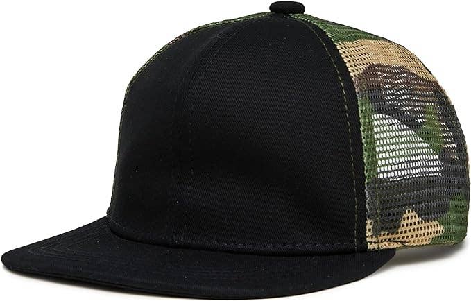 Flat Brim Trucker Hat - Black W/ Camo Mesh