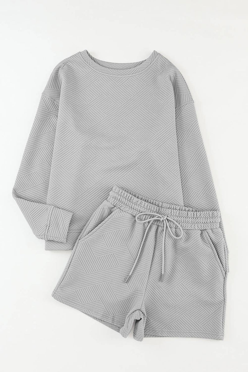Textured Long Sleeve Top and Drawstring Shorts Set