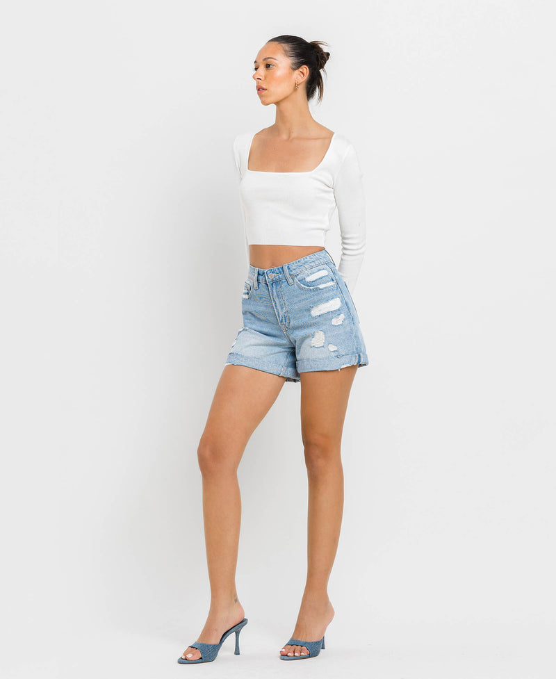 Mid Rise Double Cuff Boyfriend Shorts