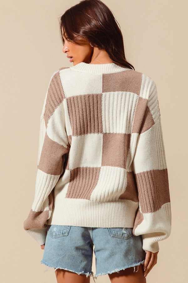 Checkered Button Down Cardigan - Coffee/Ivory