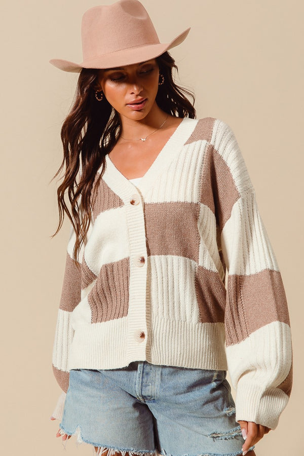 Checkered Button Down Cardigan - Coffee/Ivory