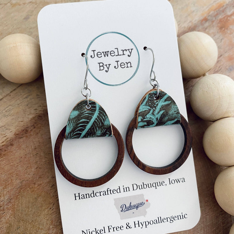Wood Hoop Earrings: Turquoise & Brown Tooled
