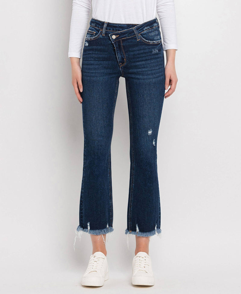 HIGH RISE CROSSOVER WAISTBAND KICK FLARE JEANS