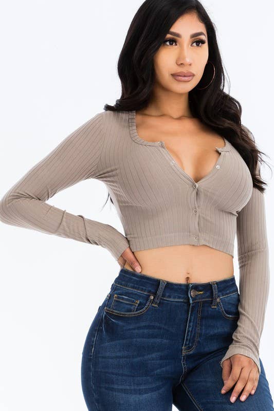 Button Up Ribbed Crop Top: BLACK