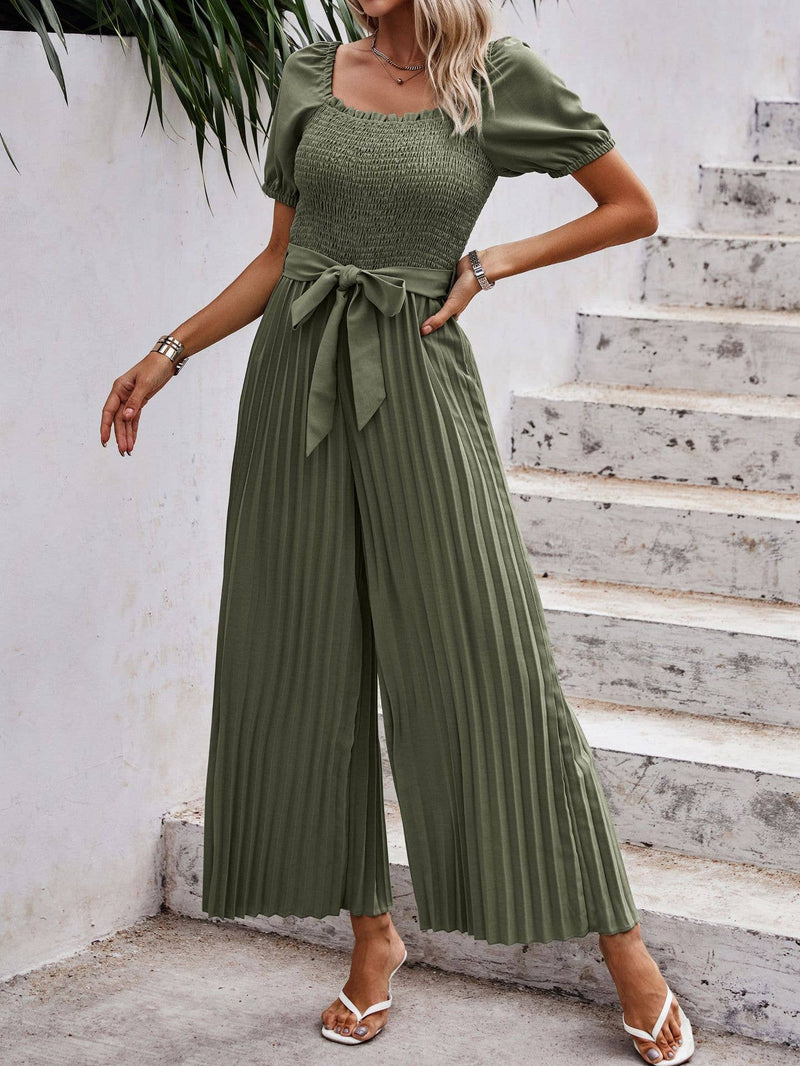 Smocked Pleated Belted Jumpsuit