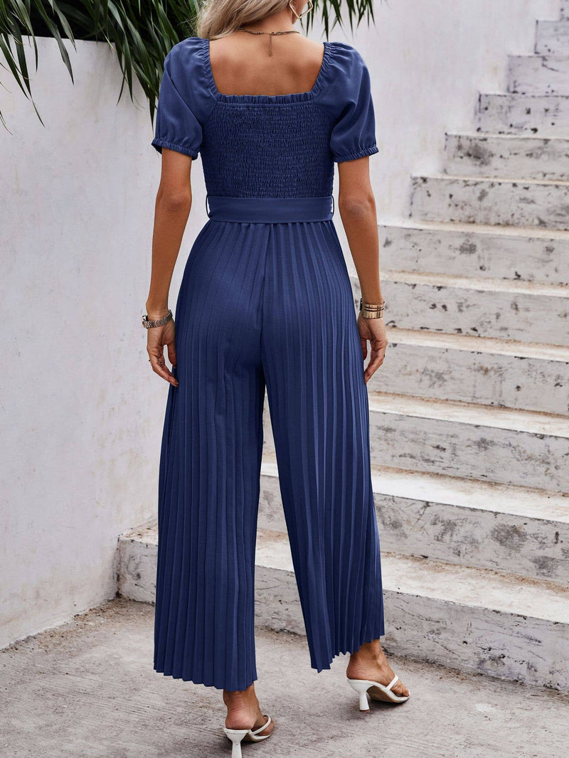Smocked Pleated Belted Jumpsuit