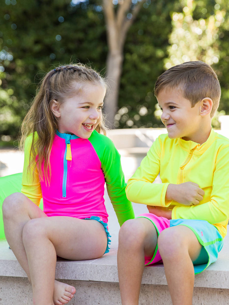 Girls Neon Color Block Long Sleeve One Piece Rash Guard Swimsuit