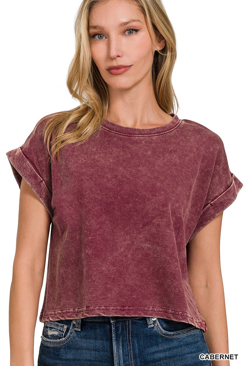 Acid Wash Cotton Folded Sleeve Top: MOCHA