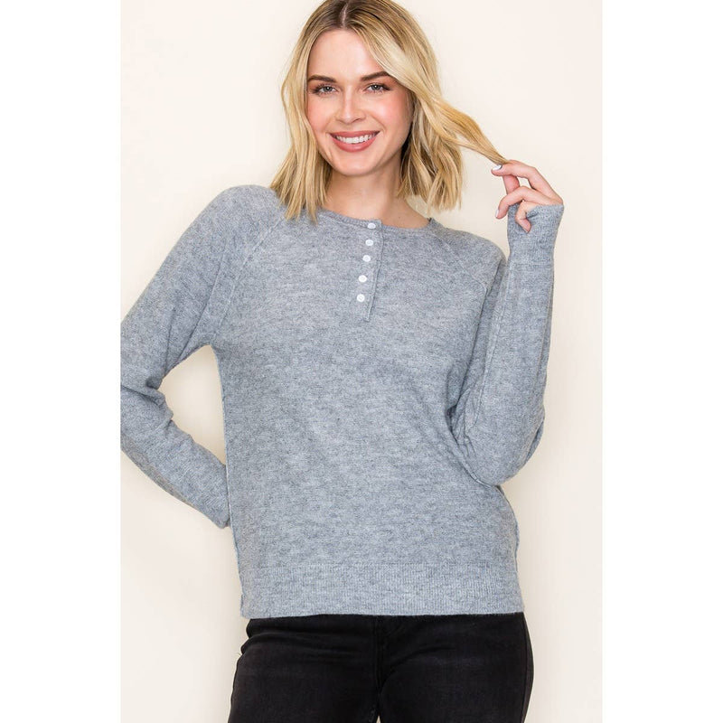 HENLEY BUTTON NECK PULLOVER SWEATER