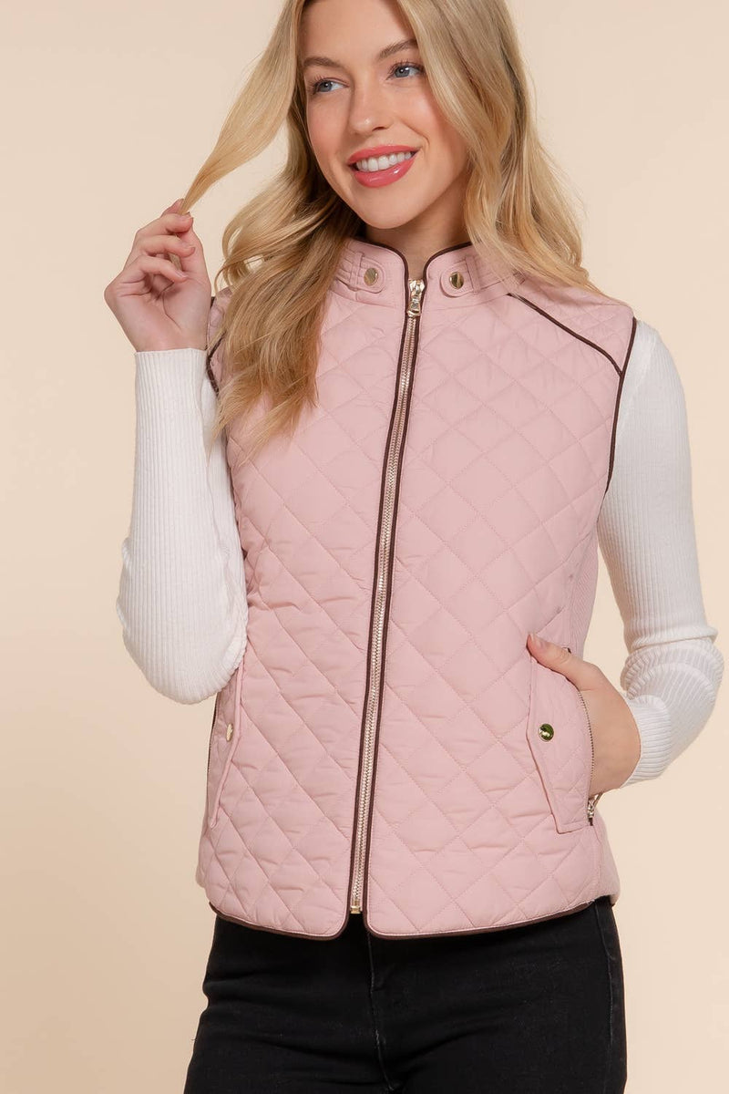 Suede Piping Detail Rib Quilted Padding Vest