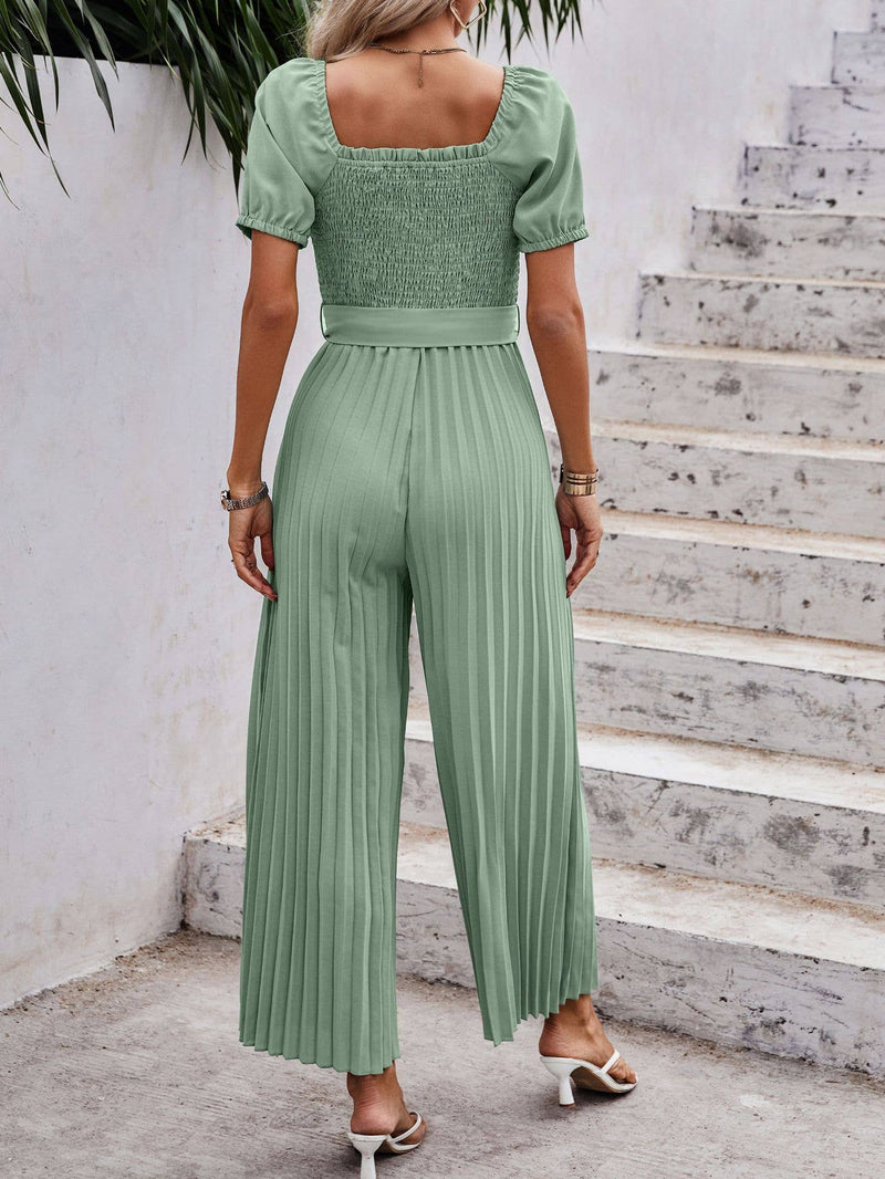 Smocked Pleated Belted Jumpsuit