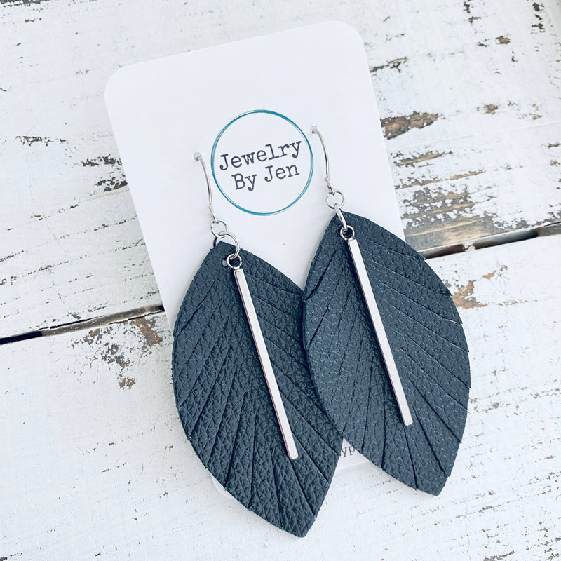 Fringe Leaf Earrings: Black w/Silver Bar