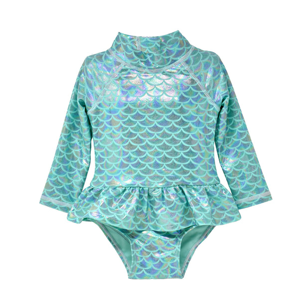 Baby UPF50+ Girls Alissa Infant Ruffle Rash Guard Swimsuit: Fairy Tale Scales / Multiple Sizes