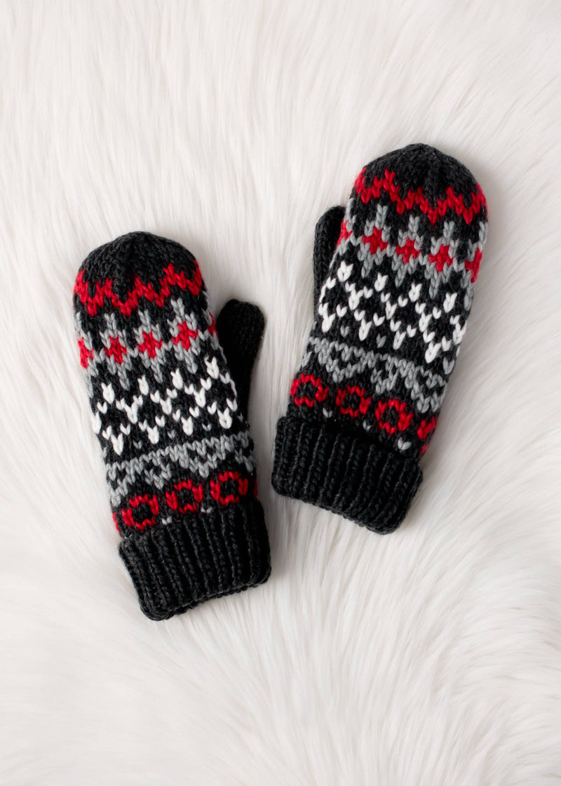 Dk. Gray, Red & White Winter Pattern Mittens