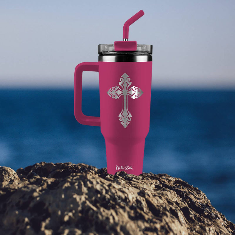 40 oz Stainless Steel Mug With Straw Filigree Cross: Pink