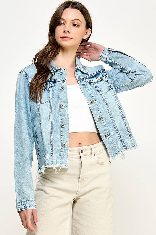 Ladies'  Cropcut Denim Jacket with Distressed