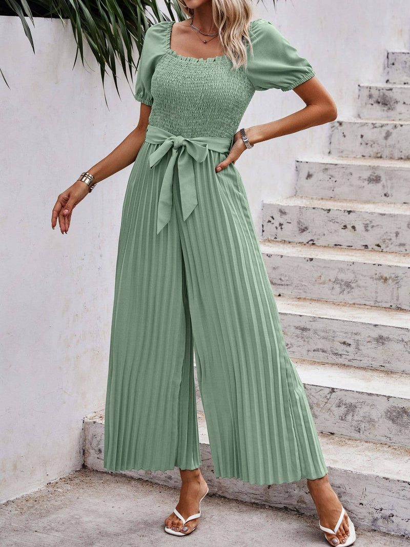 Smocked Pleated Belted Jumpsuit