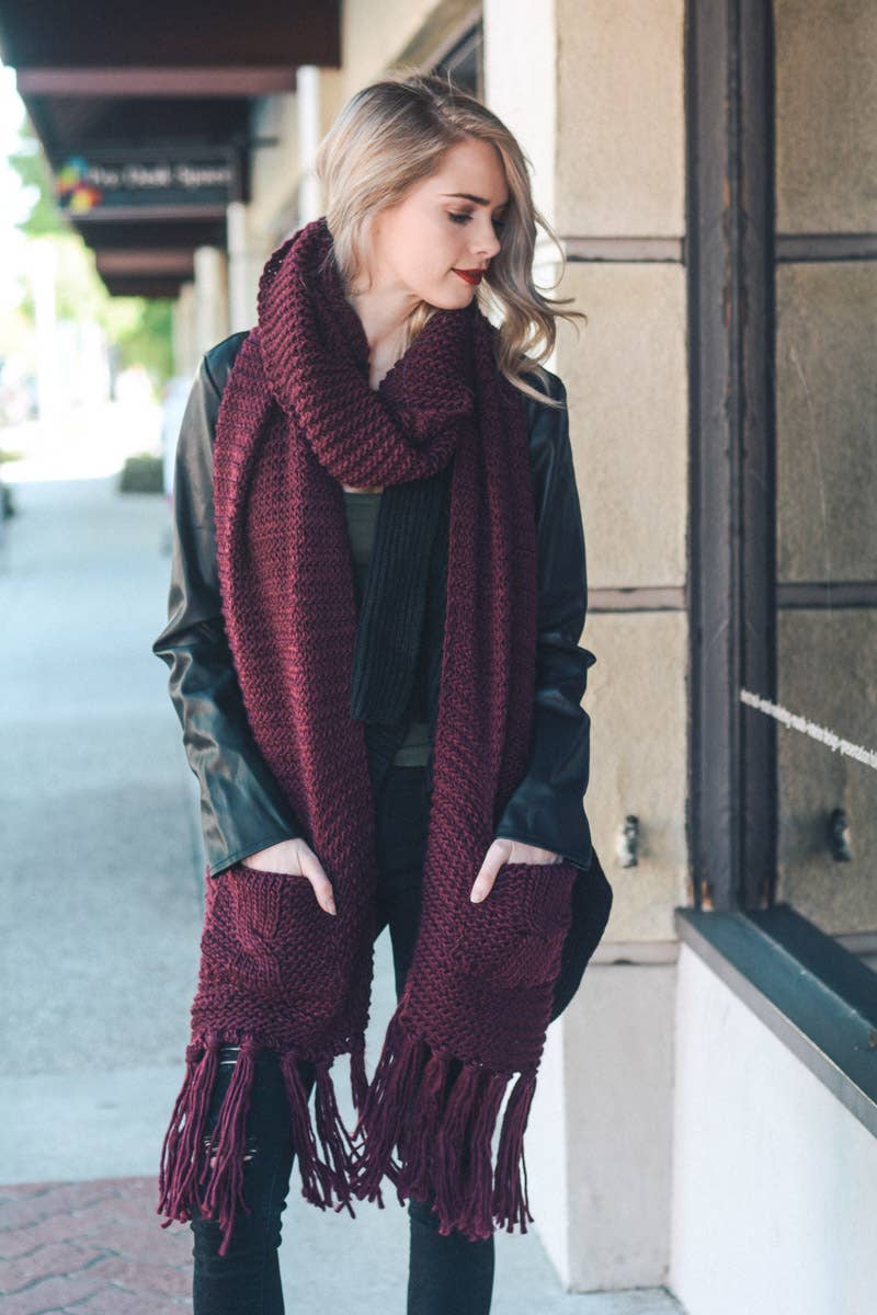 Oversized Two Pocket Tassel Scarf- Gray