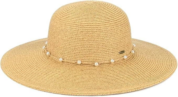 Wide Brim Sun Hat - Pearl Trim - Natural