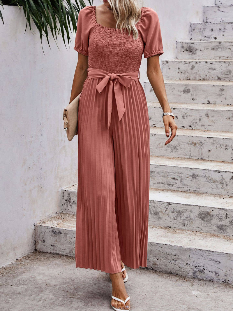 Smocked Pleated Belted Jumpsuit