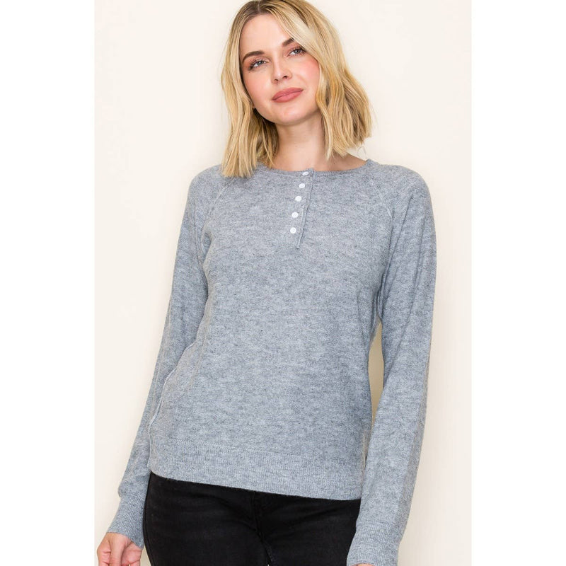 HENLEY BUTTON NECK PULLOVER SWEATER