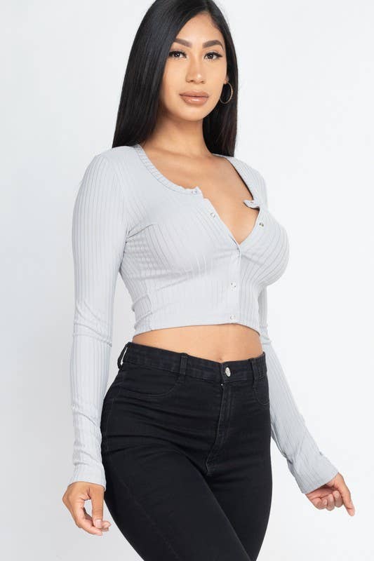 Button Up Ribbed Crop Top: BLACK