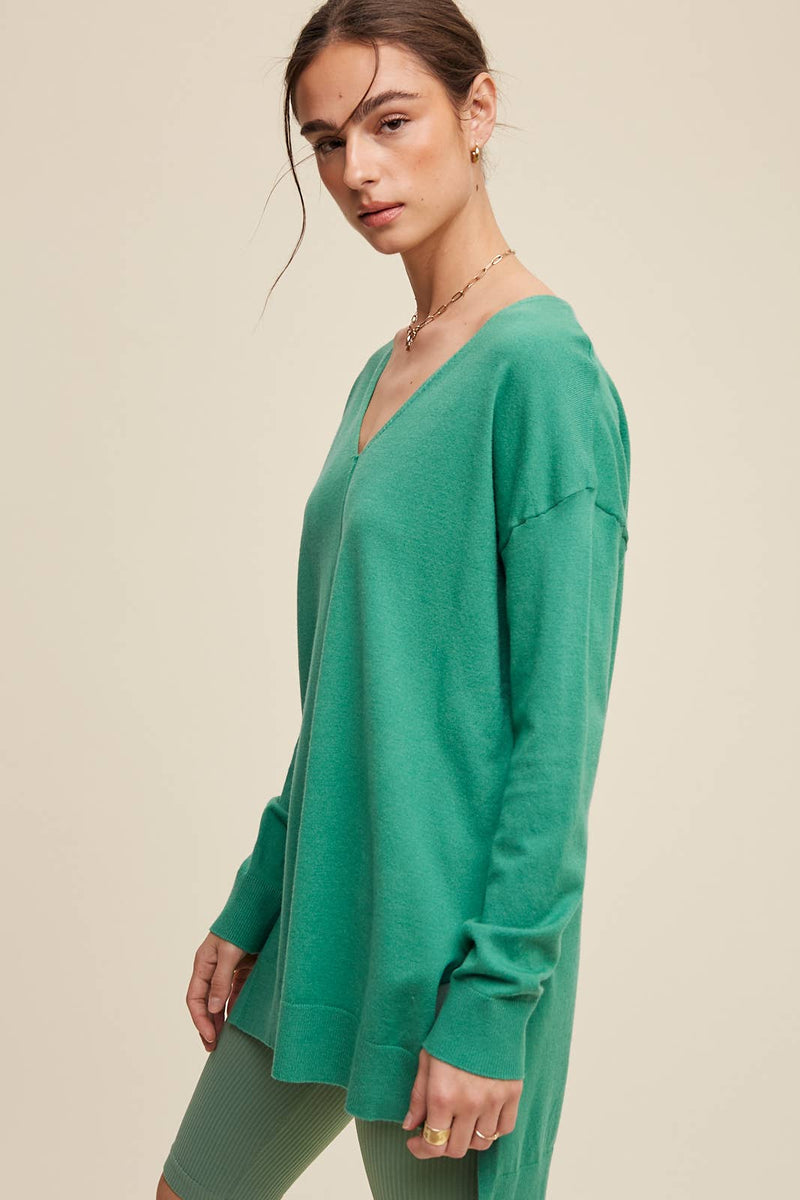 Slit Hem V-Neck Knit Tunic Sweater
