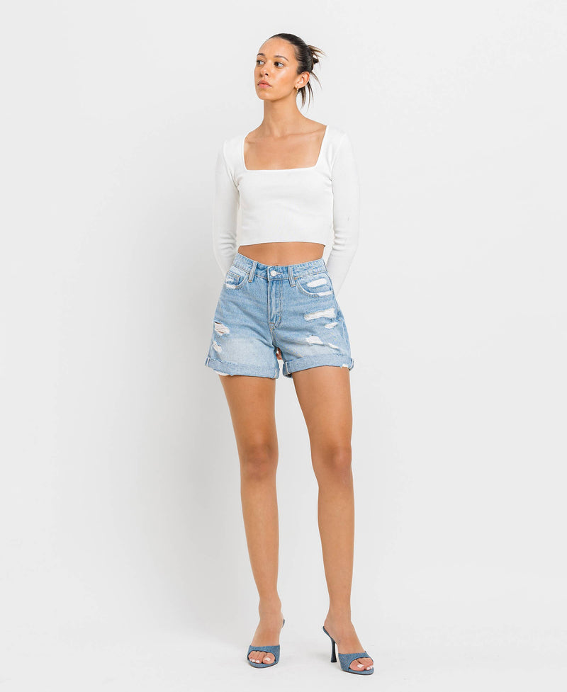 Mid Rise Double Cuff Boyfriend Shorts