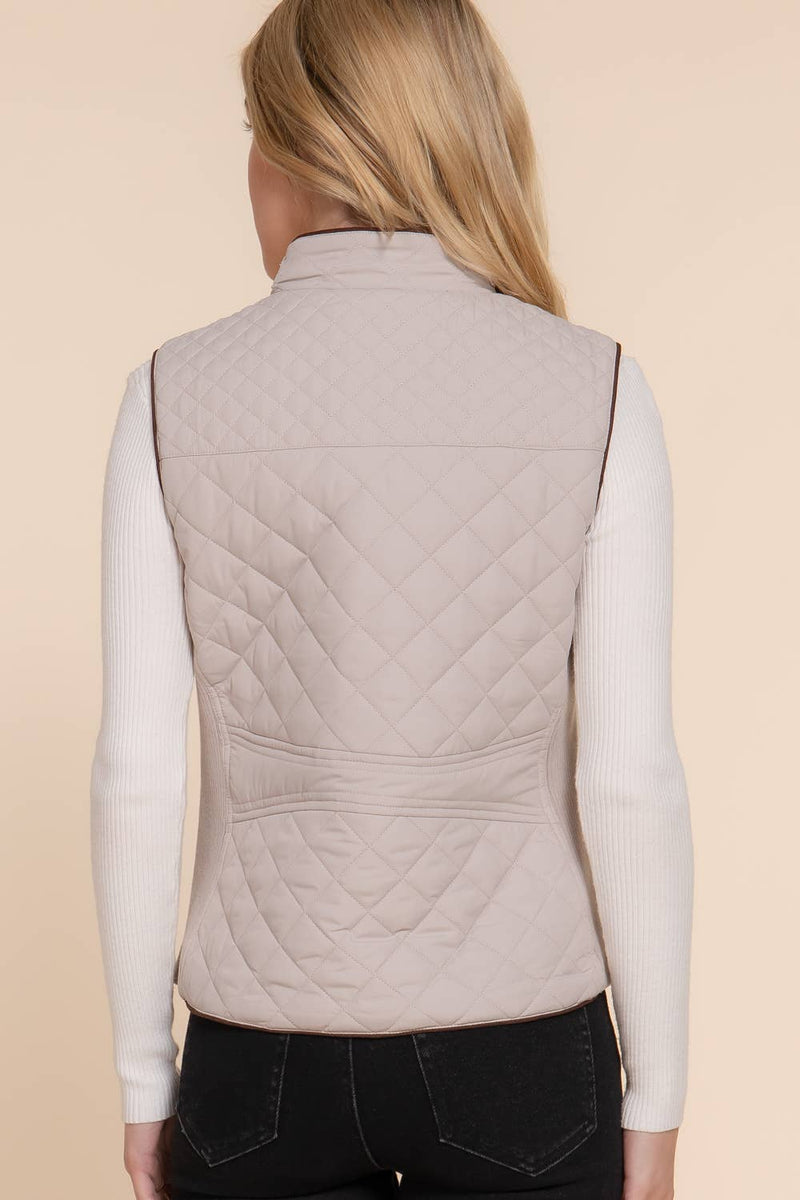 Suede Piping Detail Rib Quilted Padding Vest