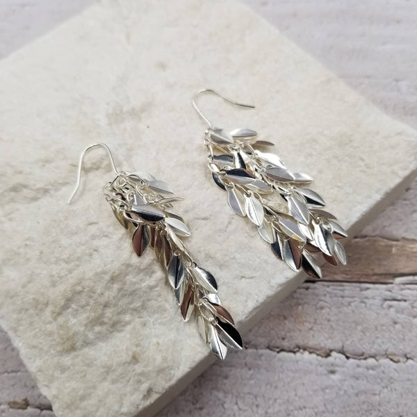Stacked Silver Leaf Tassel Earrings