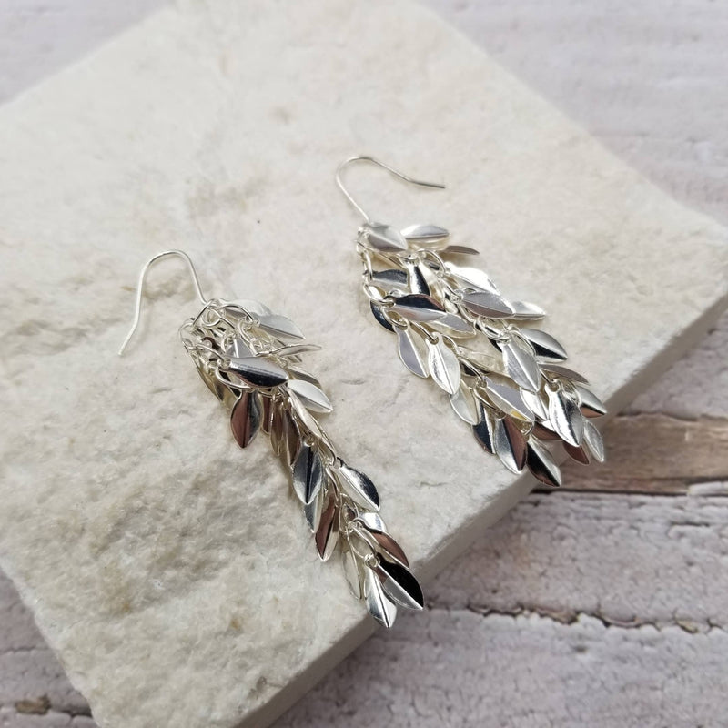 Stacked Silver Leaf Tassel Earrings