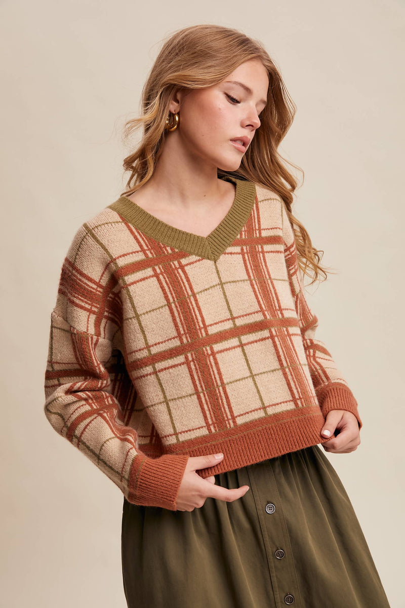Plaid V-Neck Knit Sweater