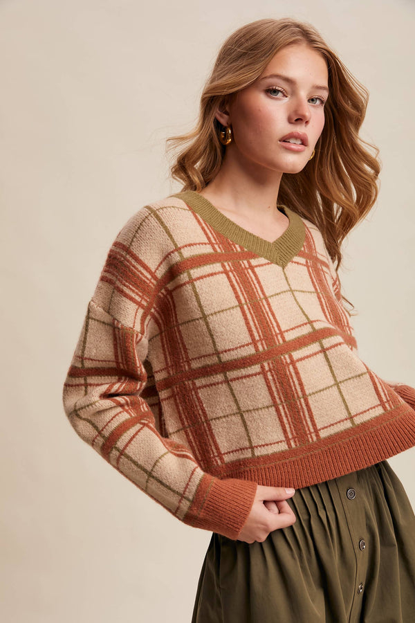 Plaid V-Neck Knit Sweater