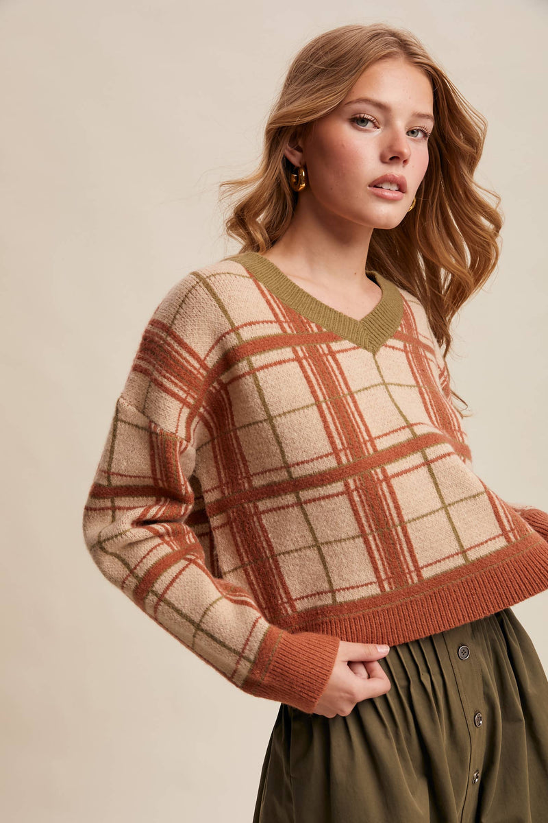 Plaid V-Neck Knit Sweater