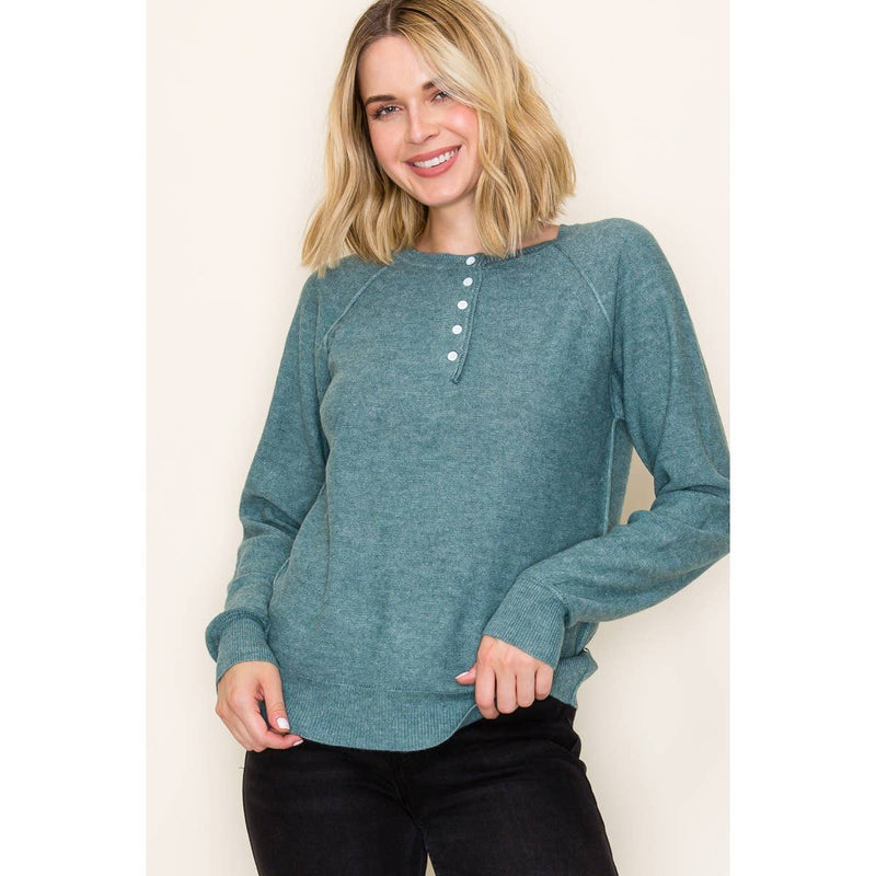 HENLEY BUTTON NECK PULLOVER SWEATER