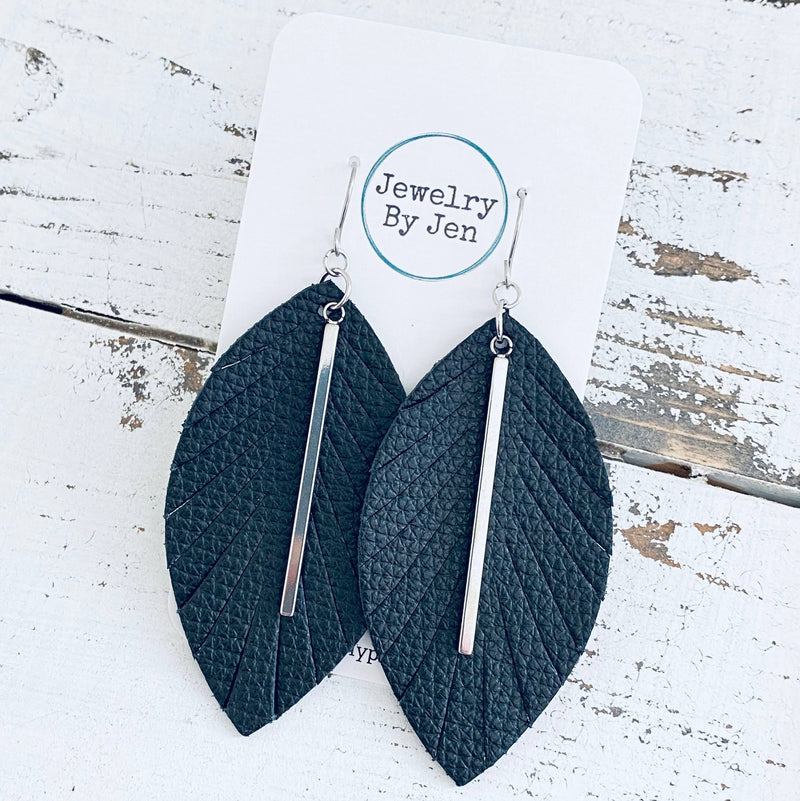 Fringe Leaf Earrings: Black w/Silver Bar