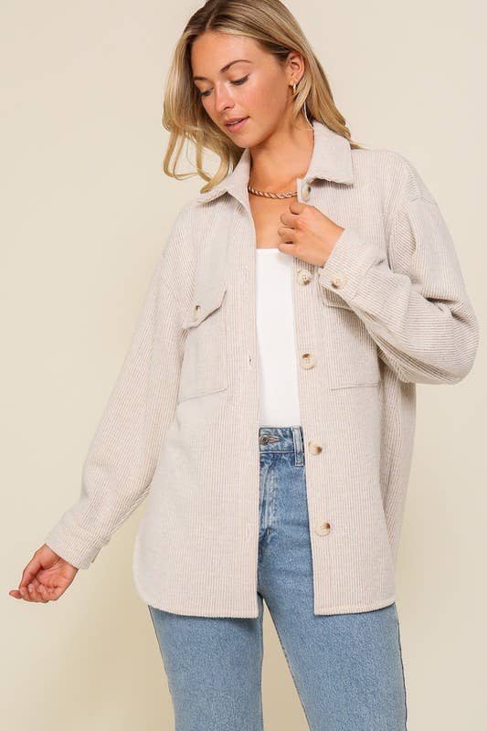 Button Down Brushed Waffle Shacket-Multiple