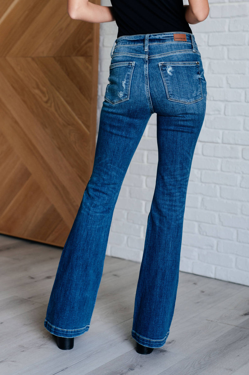 Judy Blue Mid Rise Distressed Button Fly Flare Jeans