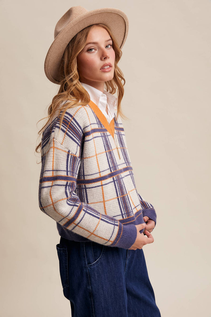 Plaid V-Neck Knit Sweater