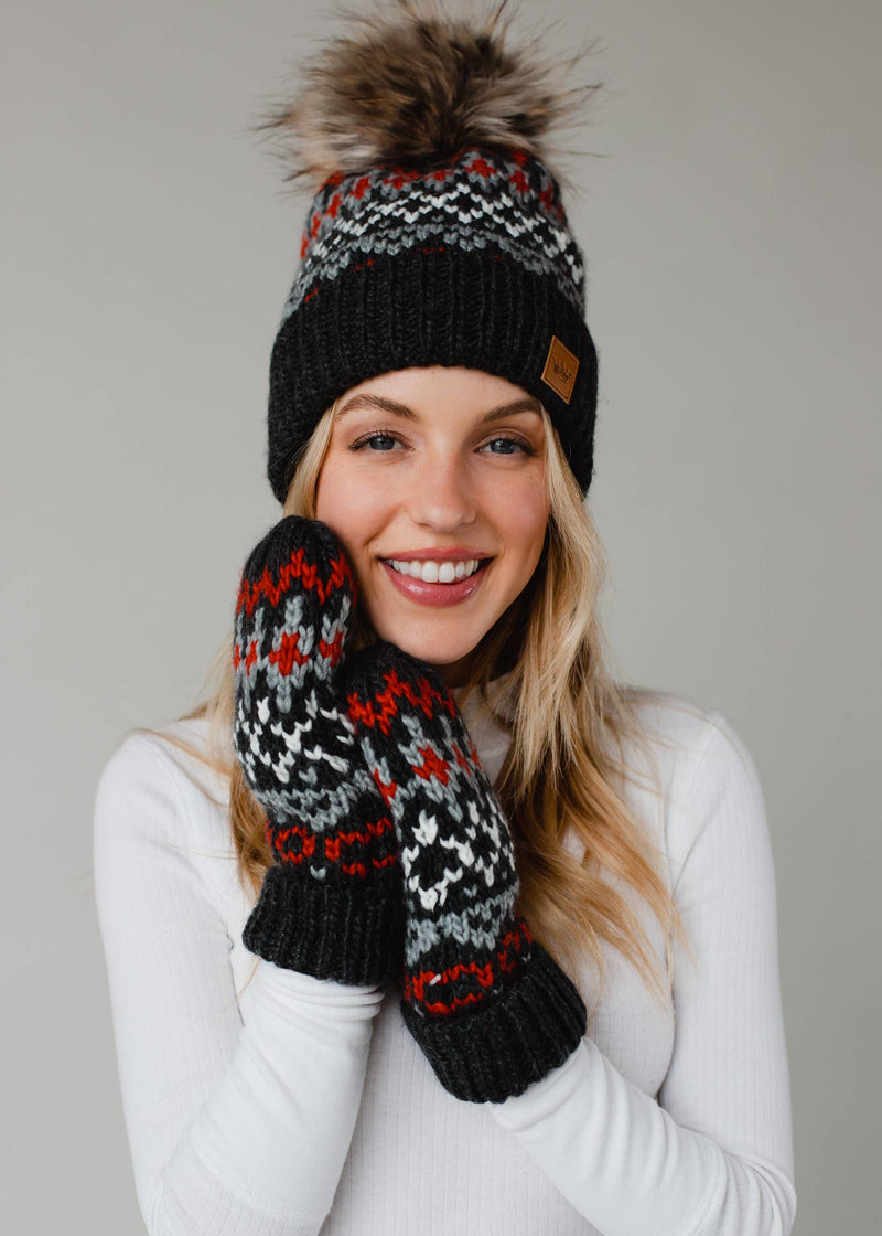 Dk. Gray, Red & White Winter Pattern Pom Hat