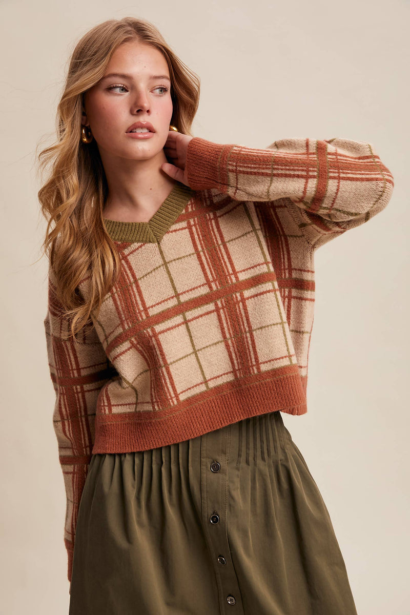 Plaid V-Neck Knit Sweater